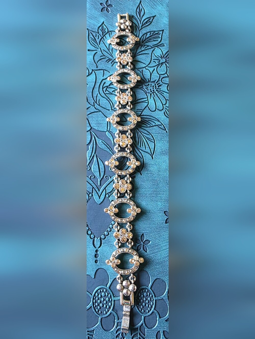Vintage Signed Monet Amber Rhinestone Crystal Bracelet Gold-Tone 1940's/50's